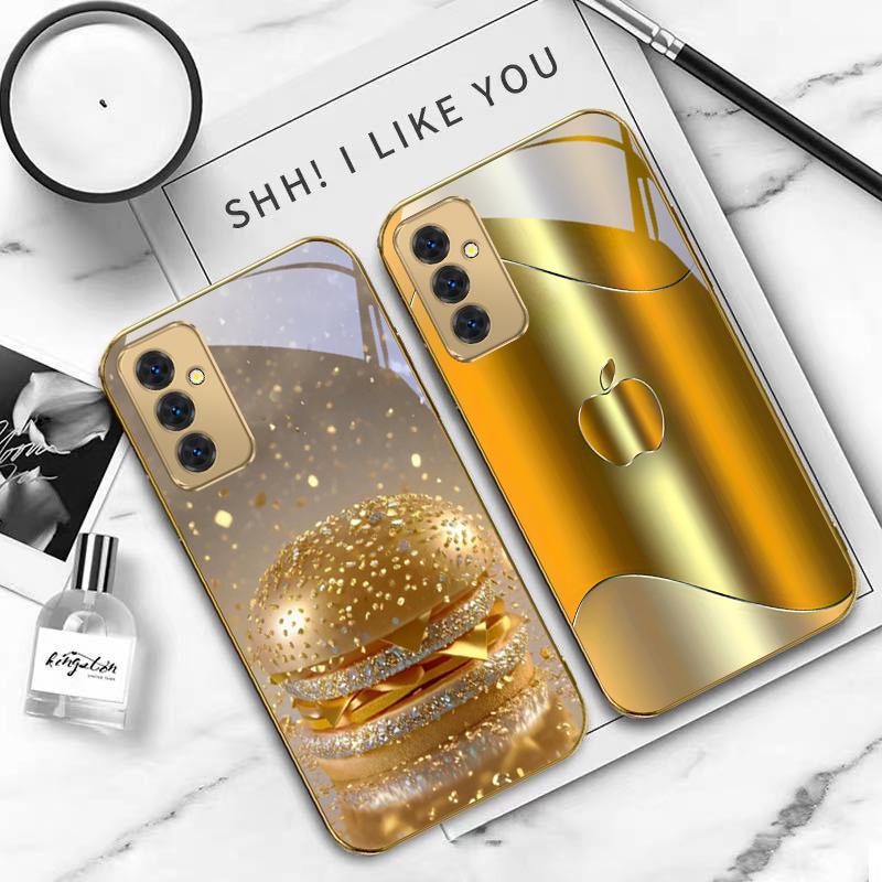 Warm Golden Cute Apple For Samsung Galaxy S 21 S22 S23 Plus S24 Ultra S20 FE 25Ultra S21+ S9+ 22Plus Golden Glass Phone Case