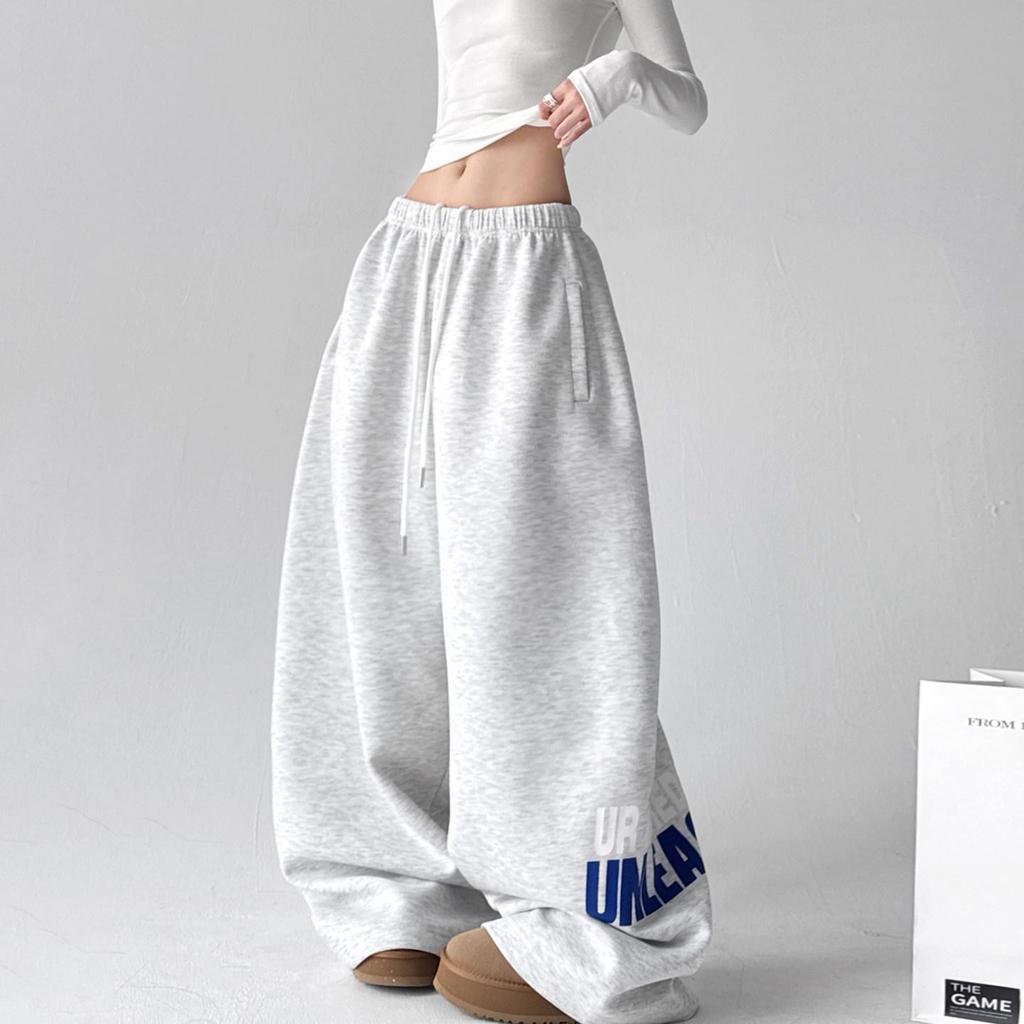 Unisex Wide-Leg Elastic Waist Drawstring Sweatpants with Print - Casual Loose Fit for Spring & Autumn
