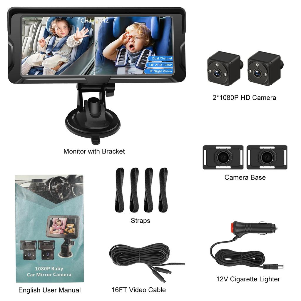 6.8inch 1080P Display Car Baby Camera Dual Channel with 2 IR Night Vision Camera and 150° Wide View Angle Automotive Baby Camera