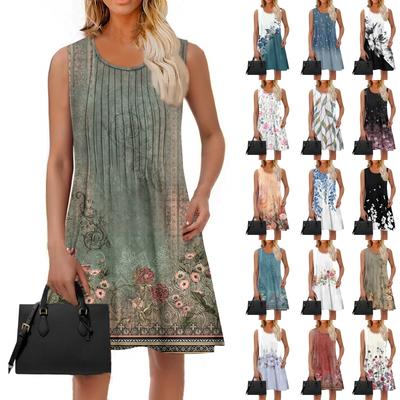 Ladies Fashion Summer Floral Print Dress Loose Beach Vacation Casual Sleeveless Sundress
