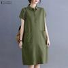 Women Casual Turn Down Collar Solid Color Short Sleeve Shirt Dress
