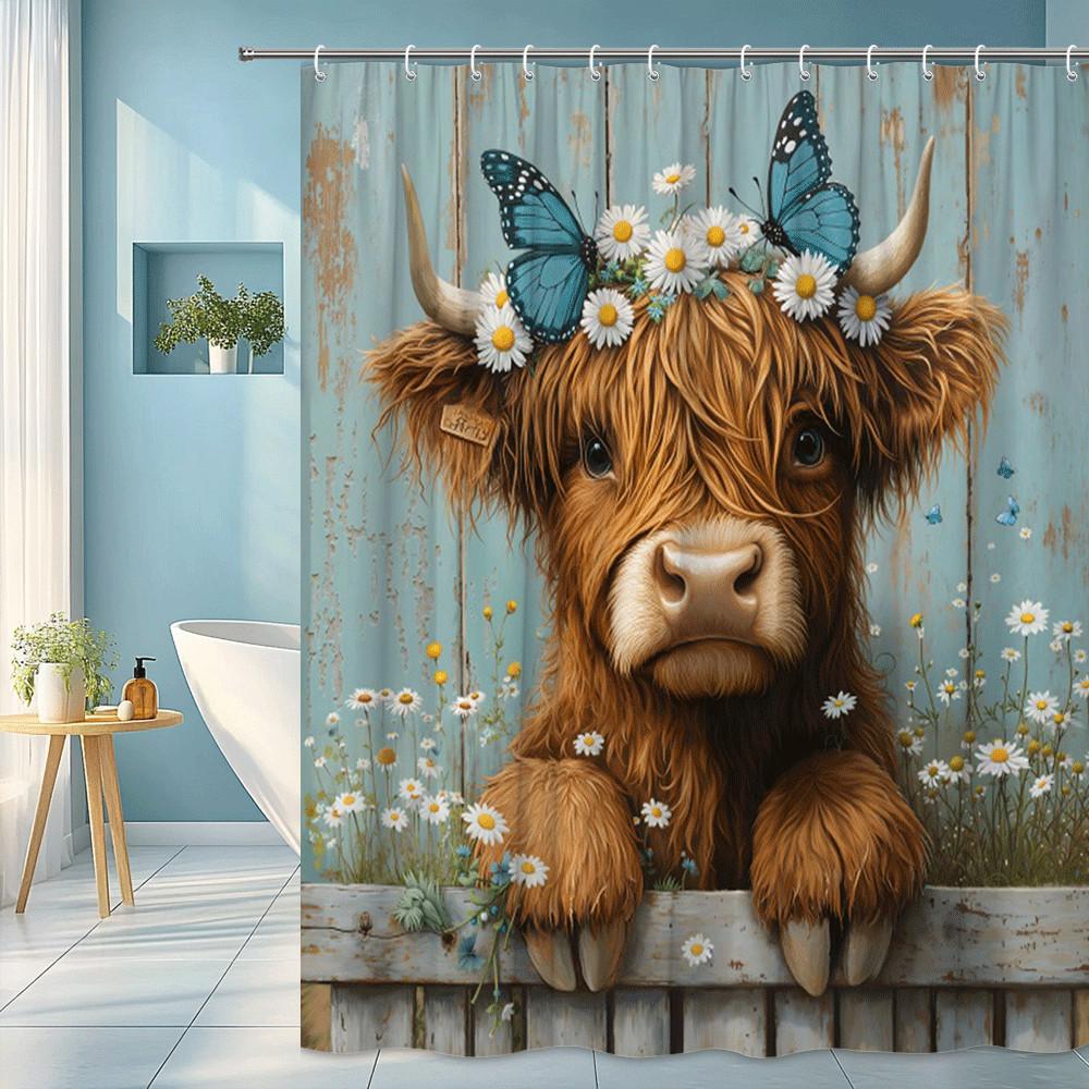 

Cute Highland Cow Shower Curtain Daisy Flowers Butterflies Rustic Farm Art Decor Whimsical Bathroom Design Waterproof Non-Toxic W60H190(CM)-1 Pcs