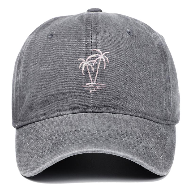 Coconut Tree Embroidered Washed Retro Duckbill Cap - Distressed Unisex Curved Brim Baseball Hat.
