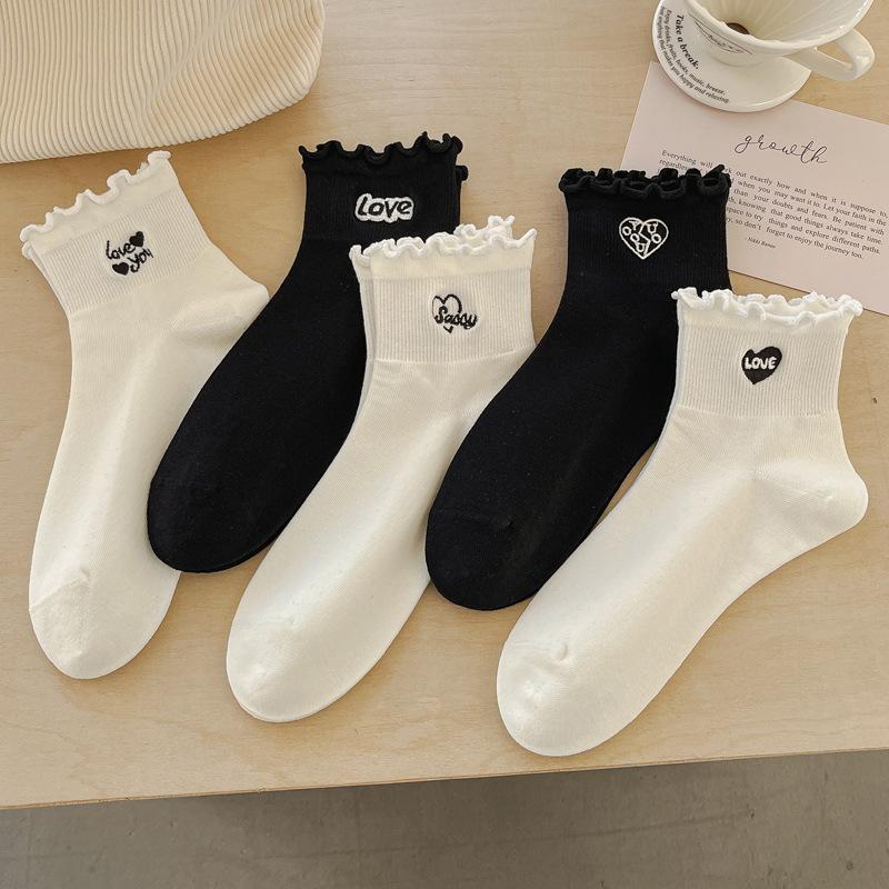 Spring Socks for Women Short Calf Black and White Mushroom Edge Solid Color Mid Calf Socks Embroidered All In One Machine Cotton Socks Thin Style