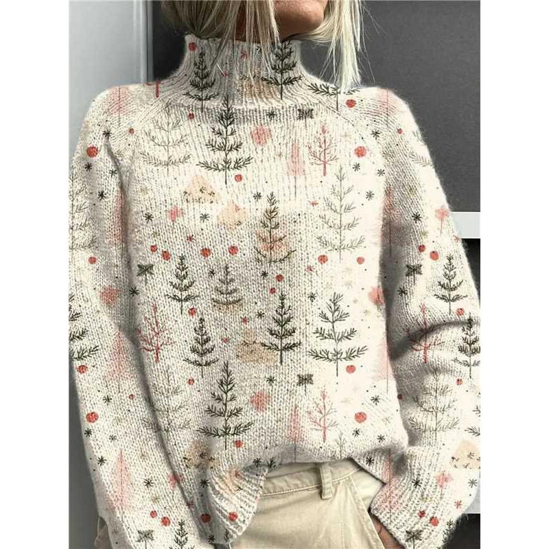 Womens Christmas Print High Neck Sweater Loose Fit Casual Long Sleeve Top