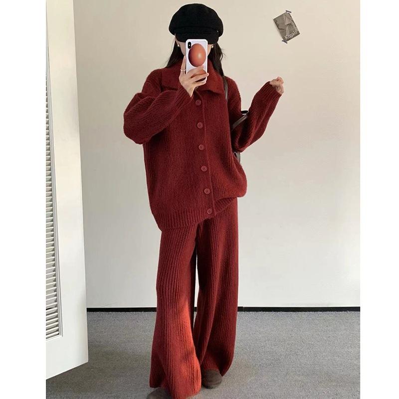 Knitted Sweater Set for Women's Autumn and Winter, Loose Wide-leg Casual Pants, Fashionable and Stylish Two-piece Set