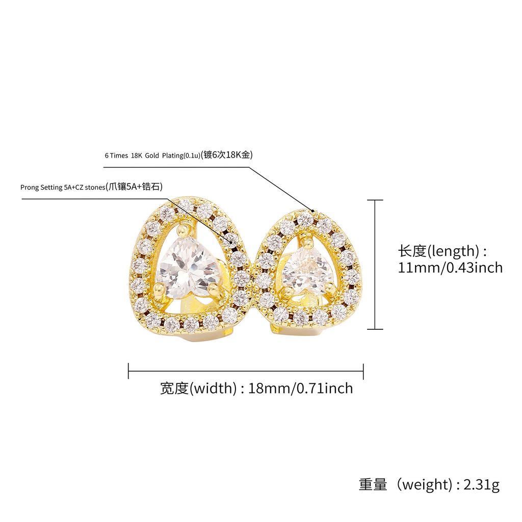 Factory Directly Sell Gold Silver Metal Color Brass with Bling Zircon Hip Hop Two Piece Love Heart Teeth Grillz