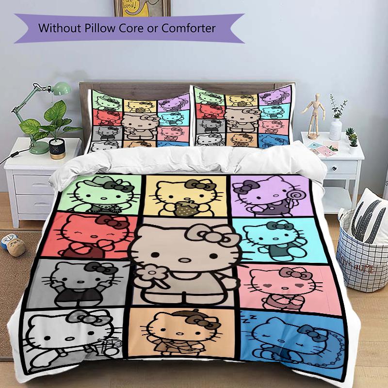 3pcs Multicolor Hello Kitty Bedding Set 1 Soft Quilt Cover + 2 Pillowcases, Machine Washable Suitable for All Seasons, Perfect Gift W062