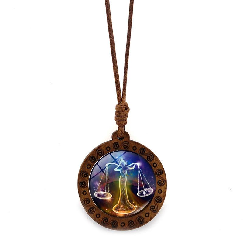 Twelve Constellations Time Glass Wooden Retro Brown Wax Rope Male and Female Couple Birthday Gift Pendant Necklace