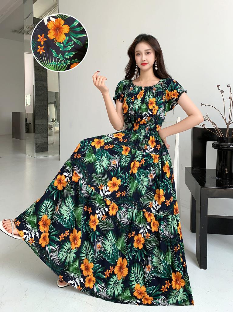 2024 Women's Beach Dress Short Sleeve Floral Dress Cotton Travel Vacation Bohemian Skirt Summer Halter