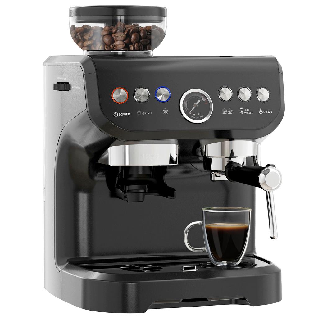 Espresso Machine, 1600 W, Built-In Grinder, Steam Wand, 15-Bar Pump, 2 L Water Tank, Black