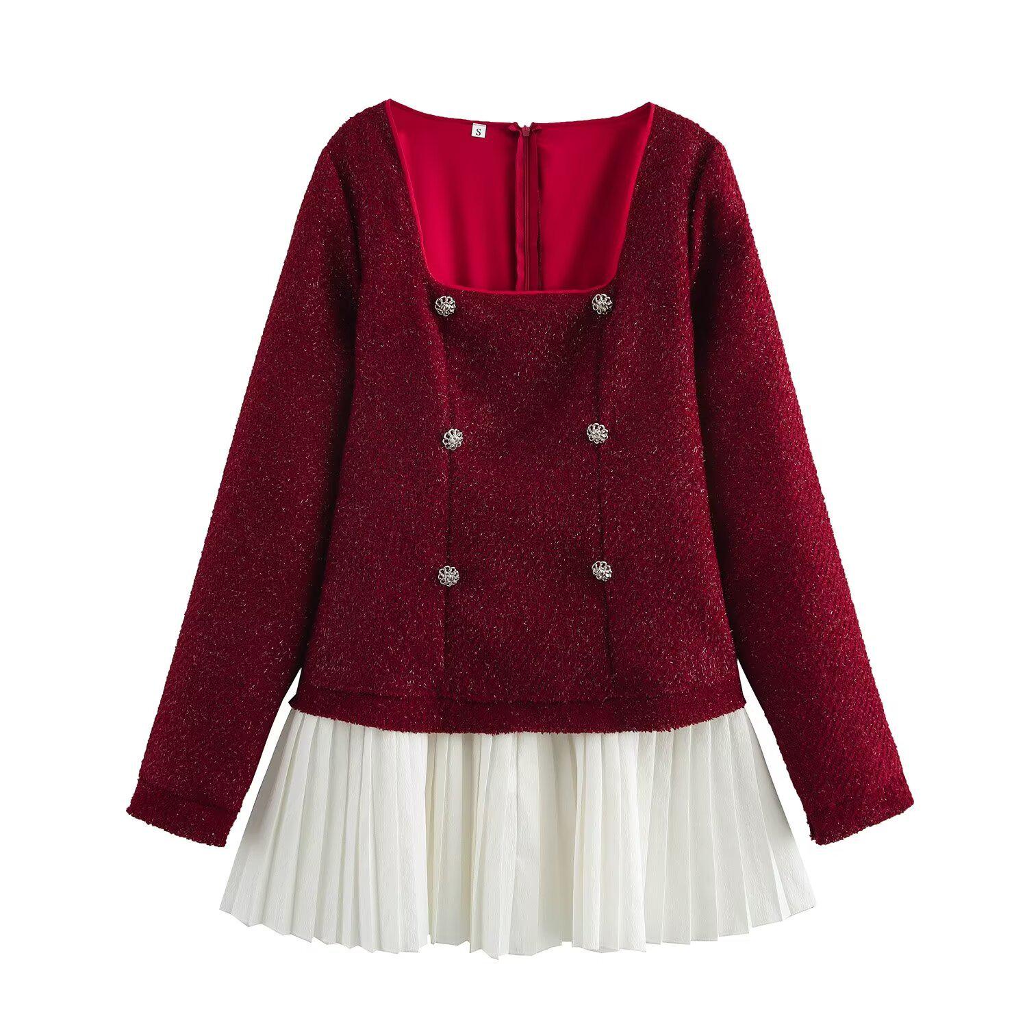 

Весна 2025 Женское европейское и американское платье с цветовым блоком, двубортное, с квадратным вырезом L вино красного