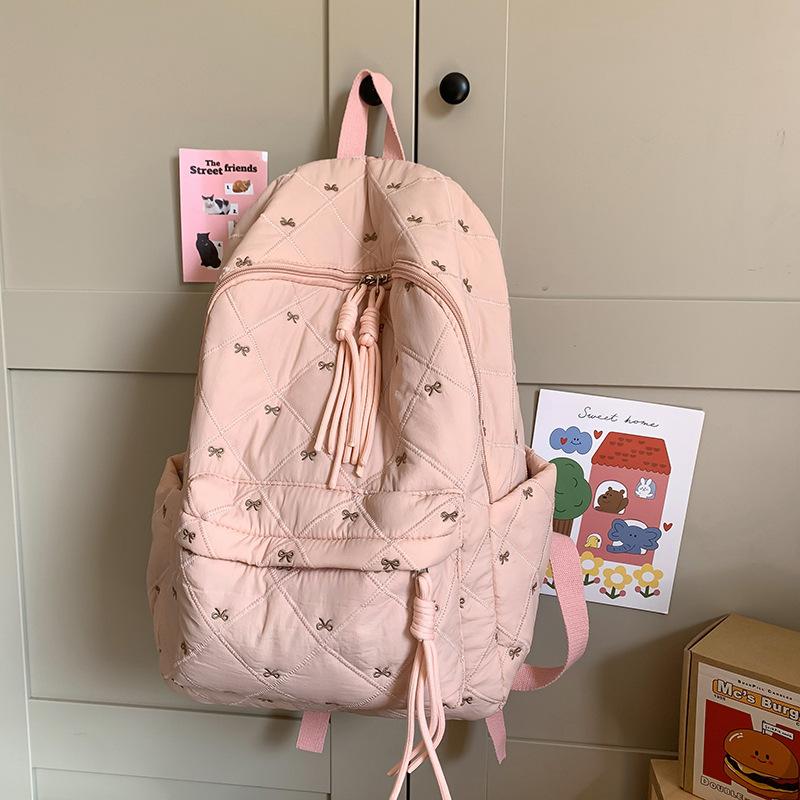 School bag niche junior high school students high value autumn and winter cotton clothes backpack bow cute embroidered backpack