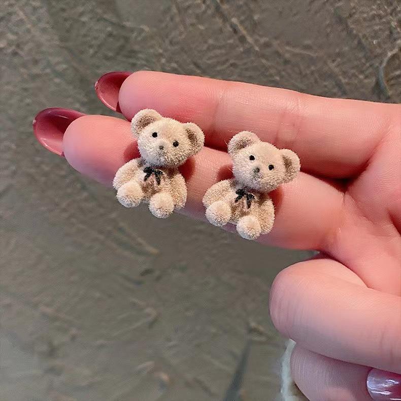 Korean Flocking Teddy Bear 925 Silver Stud Earrings - Trendy & Simple Design for 2023