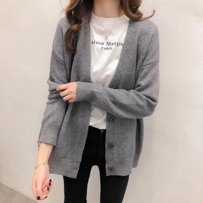 Spring and Autumn New Loose Long-sleeved Top Lazy Wind Soft Waxy V-neck Knitted Cardigan Jacket with Sweater Women