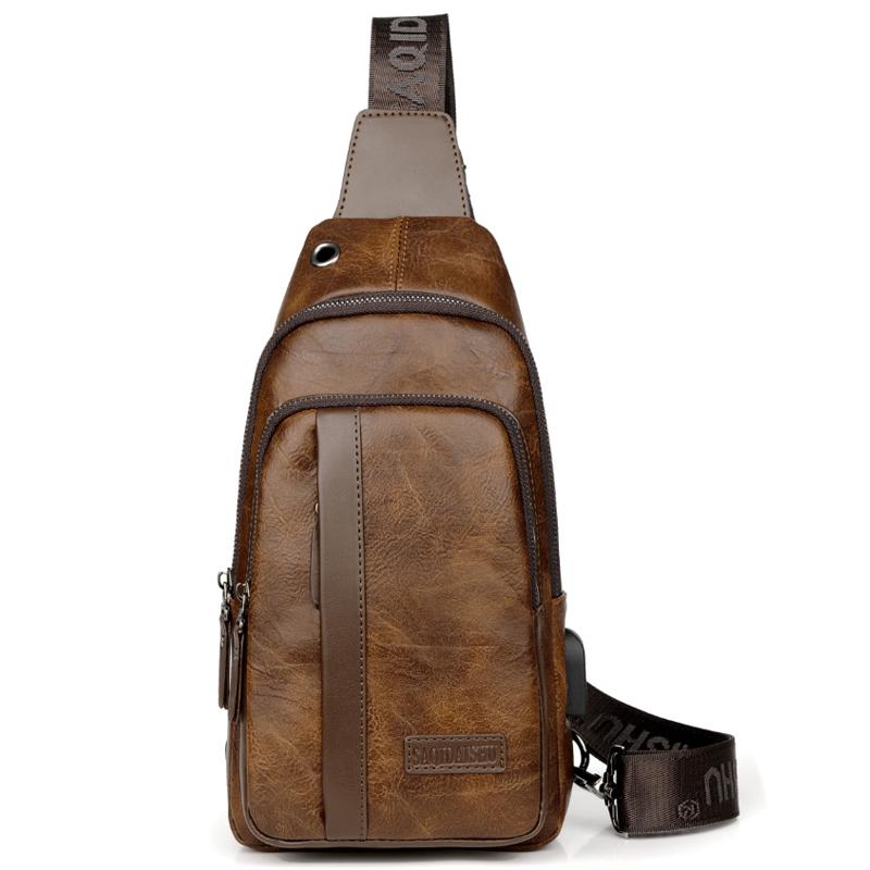 Men's Outdoor USB Chest Bag Crossbody Bag Retro PU Shoulder Bag