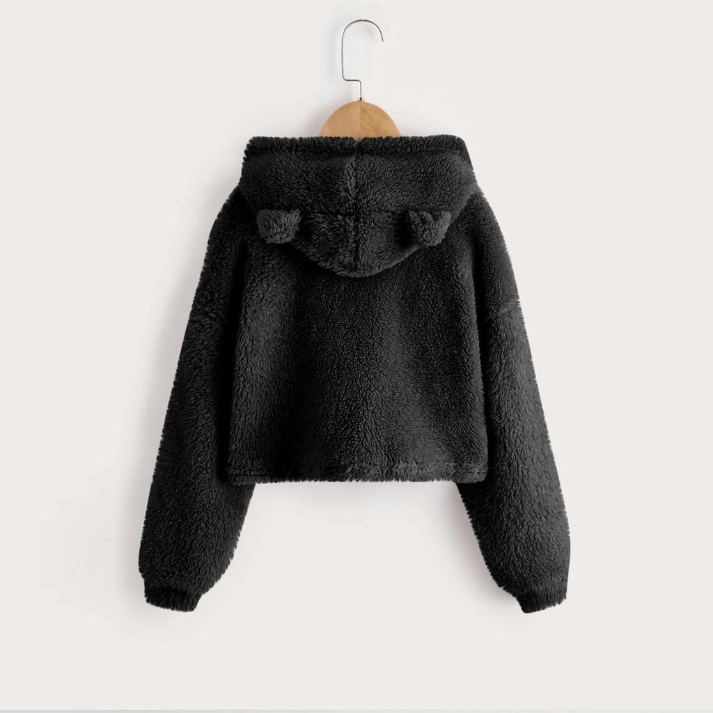 Moda Feminina Cor Sólida Pulôver Casual Lã Orelhas Capuz Quente Suéter Moletom
