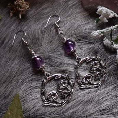 Gothic Retro Sliver Color Amethyst Bead Mushroom Vine Geometry Large Circle Pendant Dangle Earrings for Women Heathen Jewelry