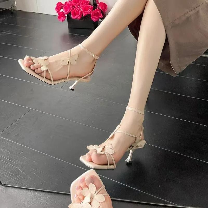 Summer Women's Butterfly High Heel Sandals Square Toe Buckle Casual  Shoes Elegant Stiletto Heel Ankle Strap Party