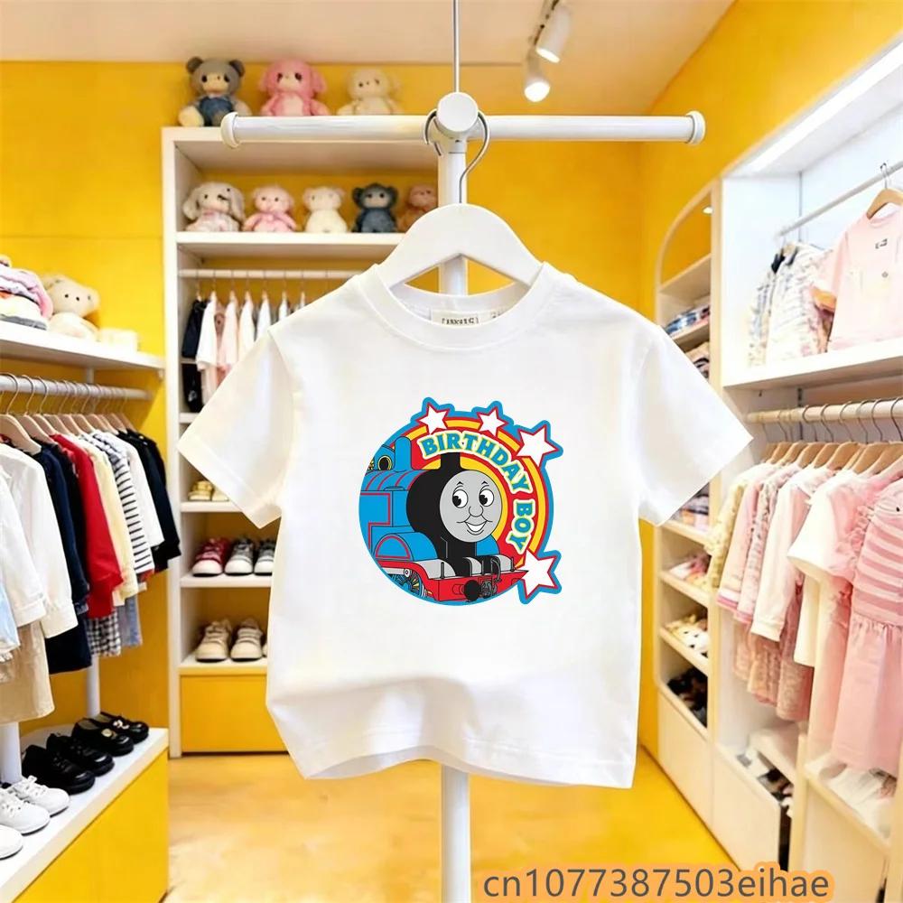 Pure Cotton Summer Tee Thomas Train Cartoon Design Children Short Sleeve Y2K Cute Fun Wear for Little Boys Girls All Day Use 100