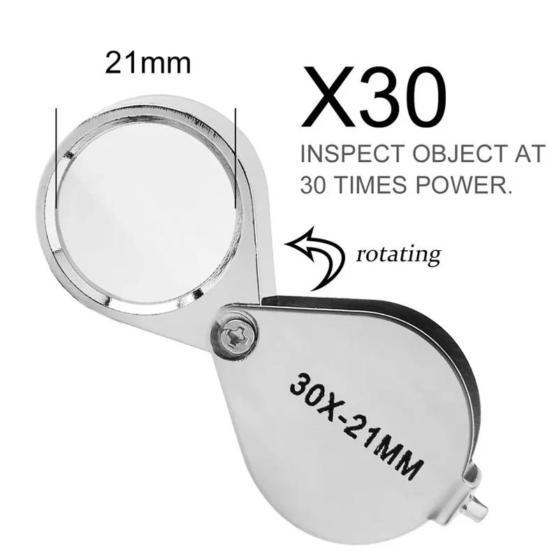 10-30X Pocket Loupe Magnifier Silver Boxed Jewelry Magnifying Glass Foldable Diamond Lupa Triplet Reading Magnifying Glass New
