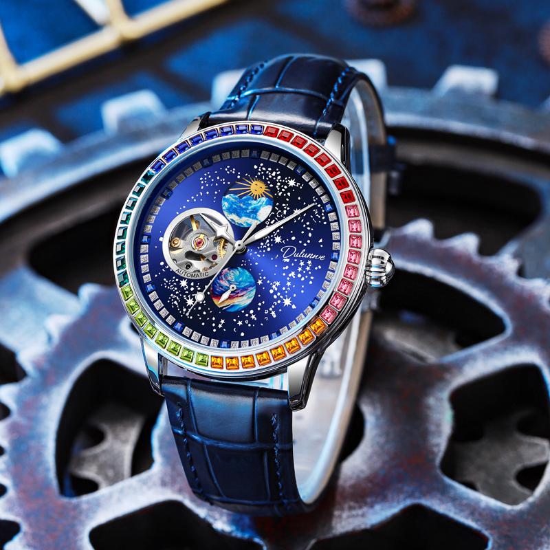Mehrfarbige Edelsteine Klassisch Herren Mondphasen Uhr Mode Wasserdicht Leuchtend Automatisch Mechanisch Herrenuhren Top Marke Reloj