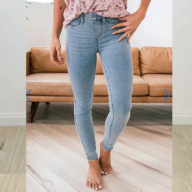 

Осень 2023, уличные эластичные джинсы со средней талией, модные брюки-карандаш с карманами, женские повседневные тонкие узкие брюки Pantalon Femme 30214 4XL светло-синий