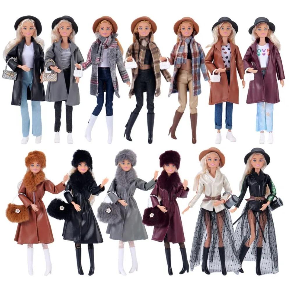 30cm Doll Clothes Fashion Luxury Fur Collar Waist Leather Trench Coat Jacket Pants Skirt Set For 1/6 Supermodel Doll Accessories