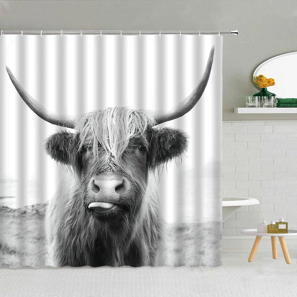 Cute Cow Bull Shower Curtain with Hooks Modern Fashion Funny Western Farm Animal Bathroom Curtain Polyester Bath Screen