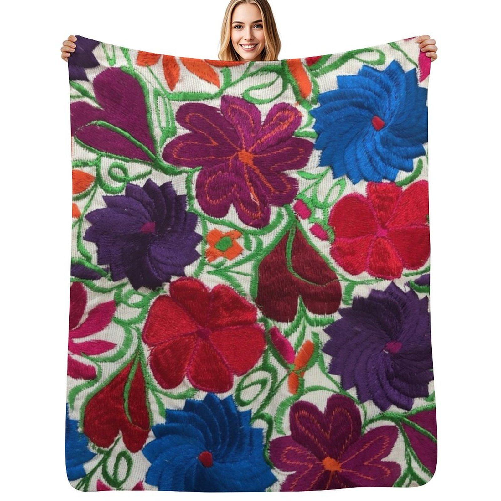 

Mexican Embroidery on White Throw Blanket Soft Cozy Blanket for Pet Kids Adults 75x100cm