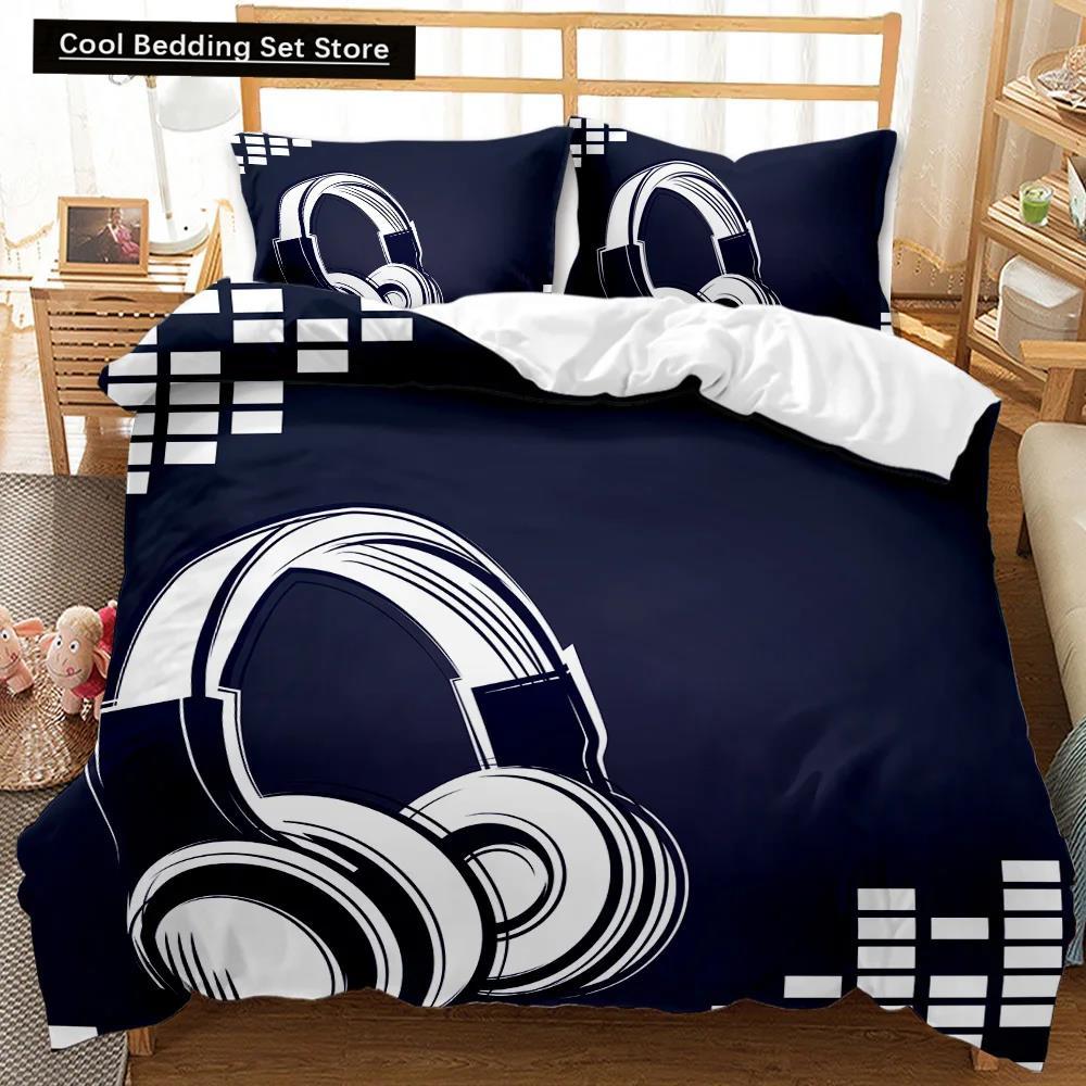 Set de lenjerie de pat cu husă de pilotă pentru căști, muzică rock, melodie, notă, alb rece, căști pentru băieți, dublă, dimensiunea Queen, King, din poliester, husă de pilotă