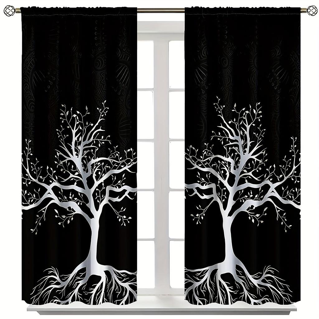 2pcs Tree Pattern Curtains Decorative Curtains 2Panels Black White Window Treatment For Bedroom Office Kitchen Living Room