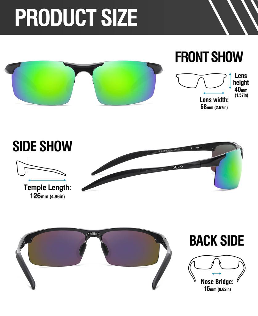 DUCO Men's Polarized Sports Sunglasses with UV400 Protection, Made of AL-MG Alloy, Ultra-Lightweight, for Driving, Cycling, Fishing, Running, and