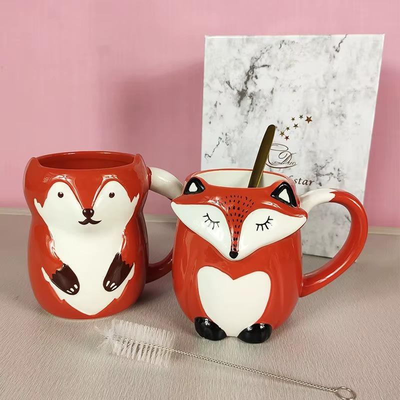 330ml 3D Cute Fox Ceramic Mug with Lid , Novelty Animal Coffee Cup for Tea Milk, Birthday Gift Home Decor