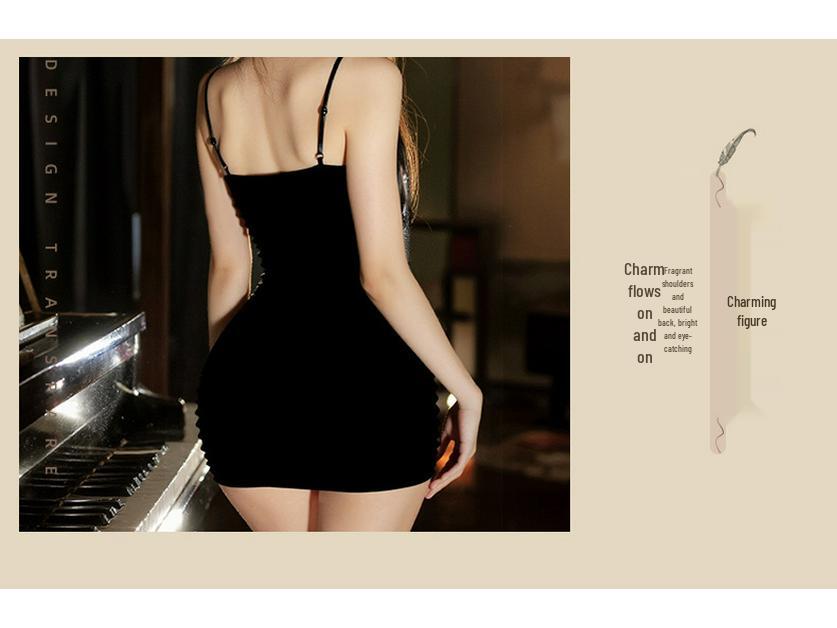 Spaghetti Strap Slit Dress with Chest Pads - Sexy Low-Cut Bodycon Mini Dress, Revealing Back and Hips