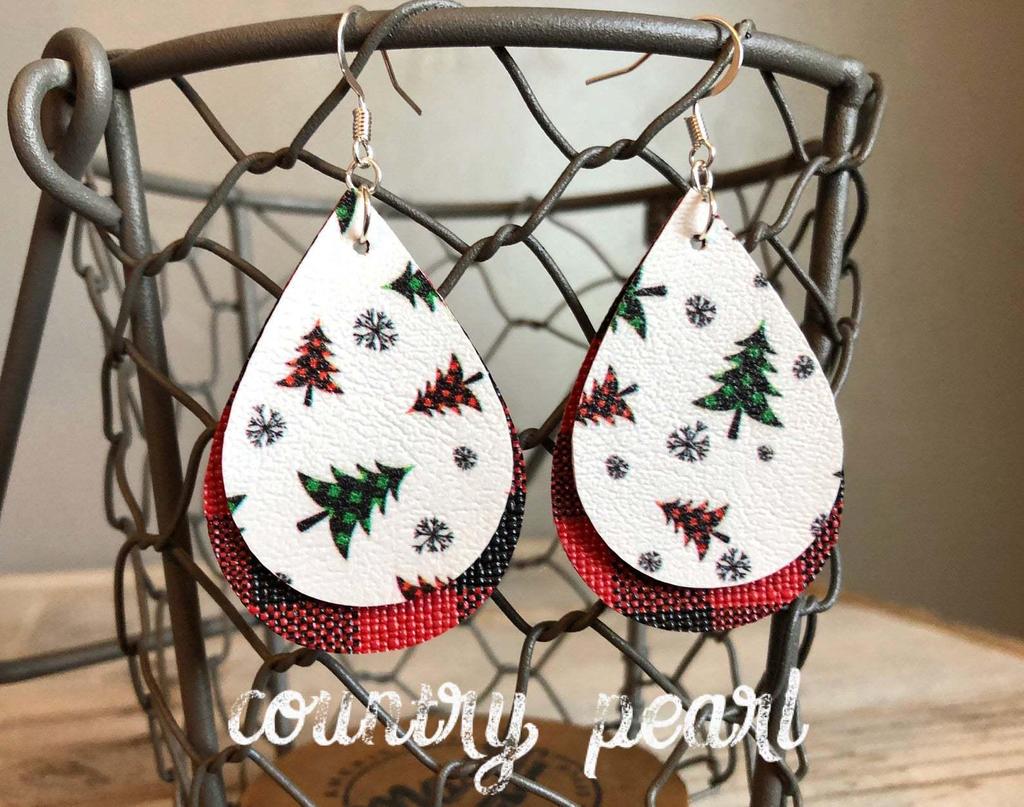 Red and Black Plaid Teardrop Christmas Tree PU Leather Earrings