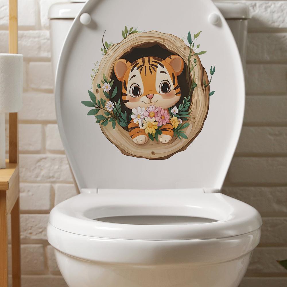 Cartoon Tiger in Tree Hollow Toilet Wall Sticker Self-Adhesive Removable Bathroom Cute Home Decor Art