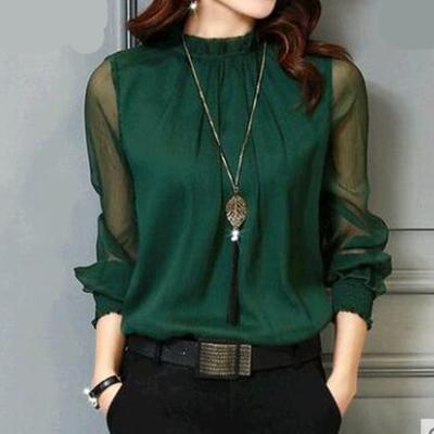 Frühling Sommer Spitze Chiffon Hemd Damen Netz Rüschen Langarm Mode Lässig Oberteile Hemden Elegant Weiß Grün Oberteile Bluse