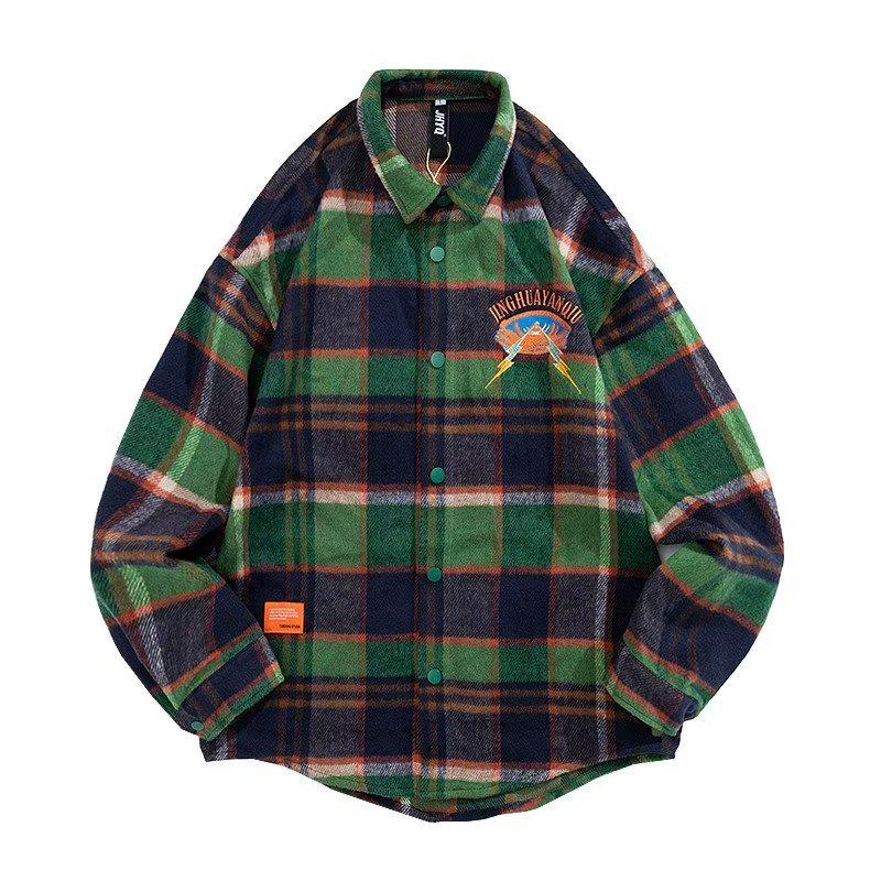 

Рубашка унисекс в модную вышитую клетку: Свободный, с длинным рукавом, идеально подходит для весны и осени M зелёный