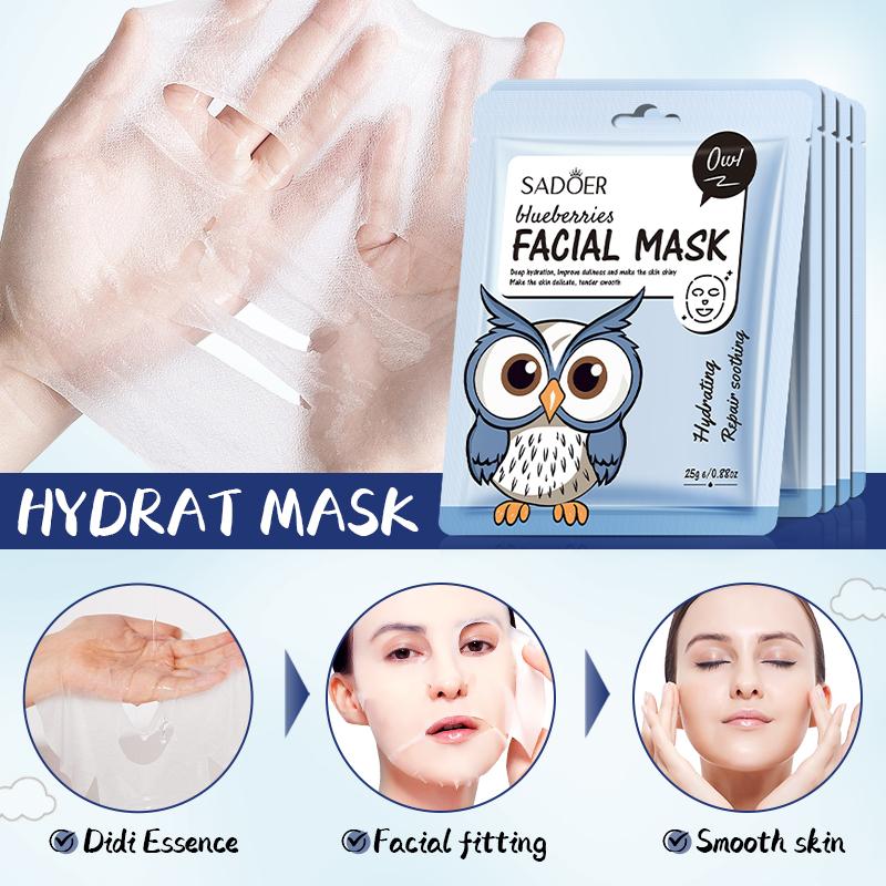 5pcs SADOER Cartoon Fresh Fruit Facial Masks Moisturizing Soothing Brightening Hydrating Face Mask for Facial Skin Care