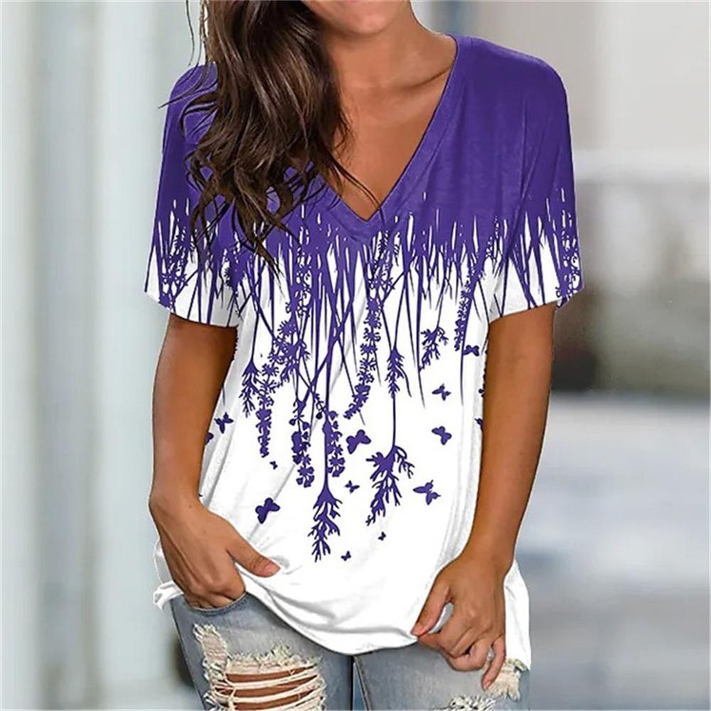 

Простая одежда с короткими рукавами и 3D-цветочным принтом для женщин, футболка с короткими рукавами и V-образным вырезом, женская модная уличная одежда 6XL