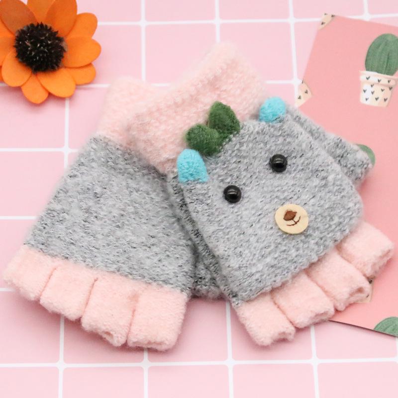 Children's Fingerless Winter Cartoon Kitten Gloves - Warm, Cute, Knitted Imitation Cashmere for Elementary Students