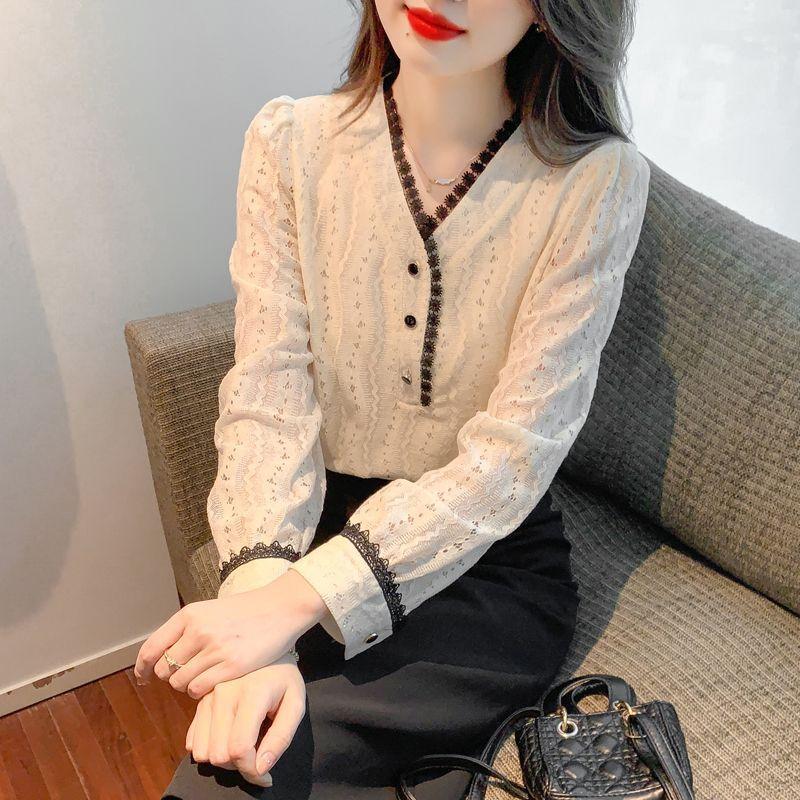 Chic French Style Lace Shirt for Women, V-Neck and Trendy Design, Ideal for Autumn Season, Unique and Beautiful