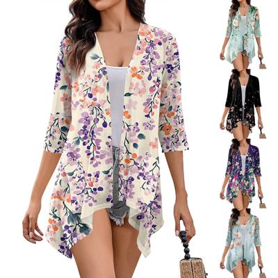 Damen-Cardigan mit unregelmäßigem Dreiviertelärmeln und Druck und Taschenjacke