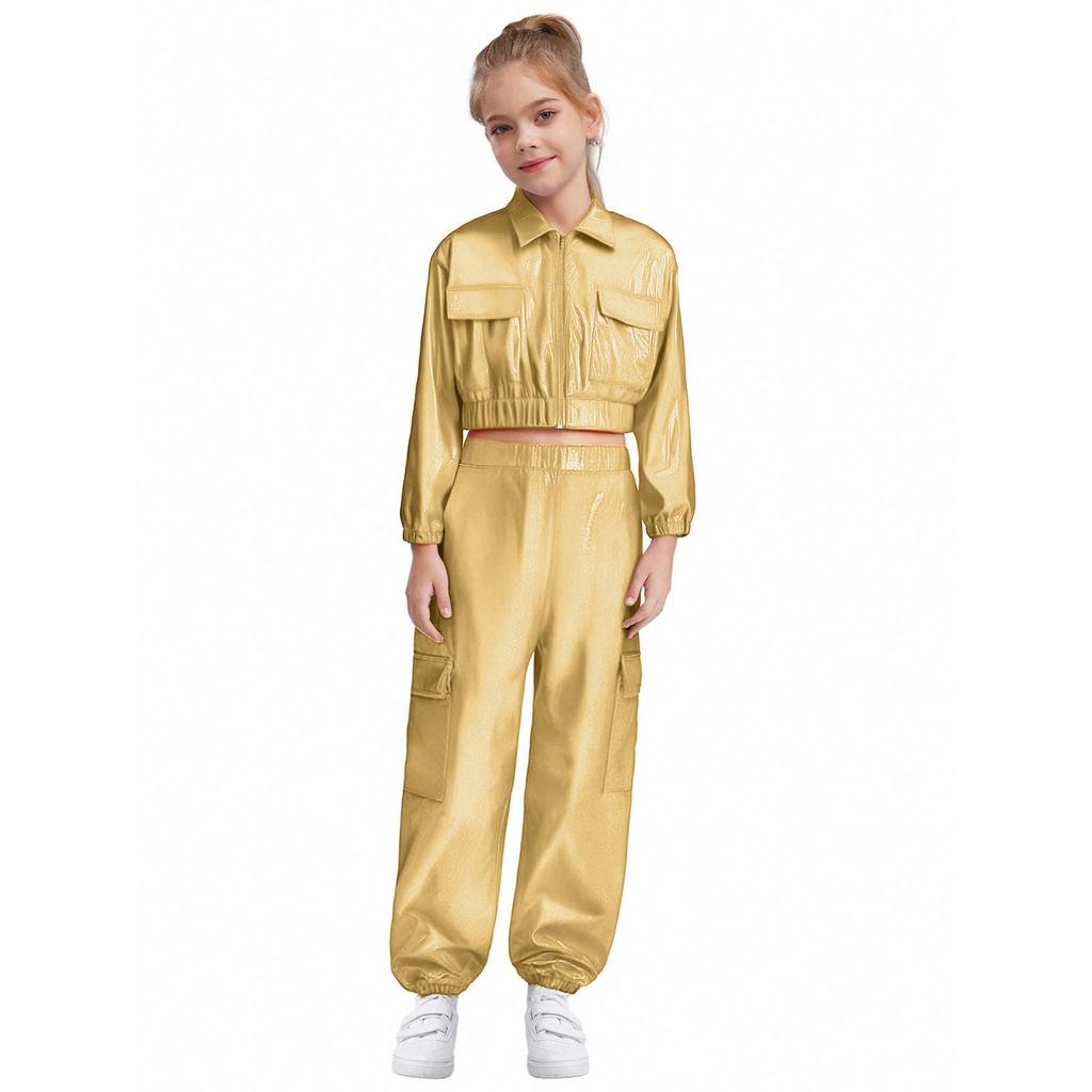 Unisex Kids Metallic Jacket Turn Down Collar Long Sleeve Outwear Shiny Pants Hip Hop Jazz Dance Set