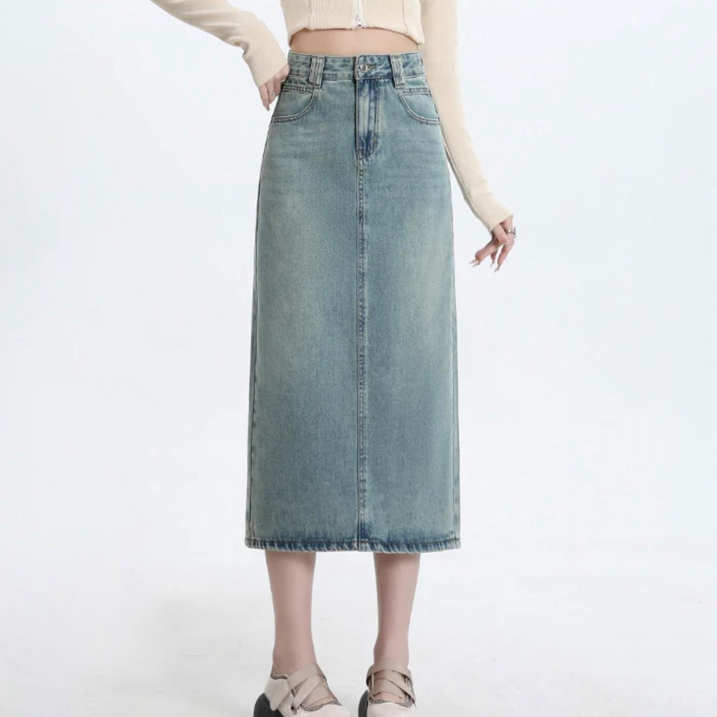 

Летняя длинная юбка с высокой талией и тонкой спиной, открытая вилка, женская джинсовая юбка длиной до половины тела Tide 30 светло-синий