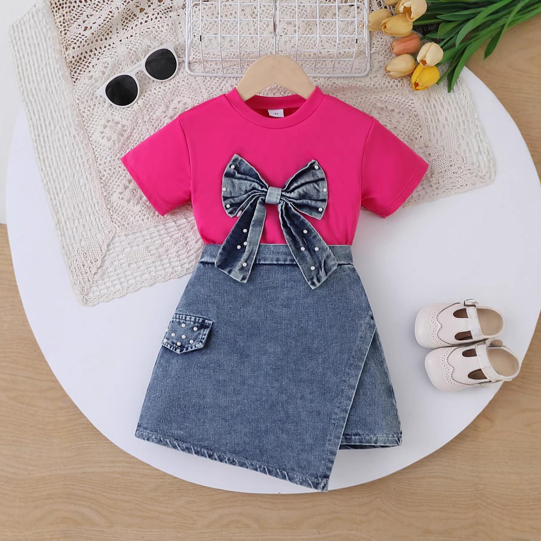 Girls  Fashionable Two-piece Summer Children s Sweet Princess Top + Denim Skirt Set 2-3Y
