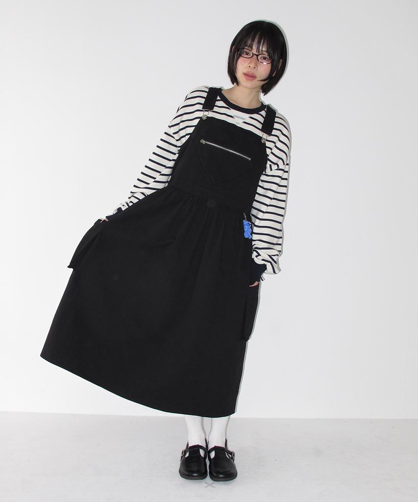 Ronron Heart Zip Pocket Overall Skirt Black