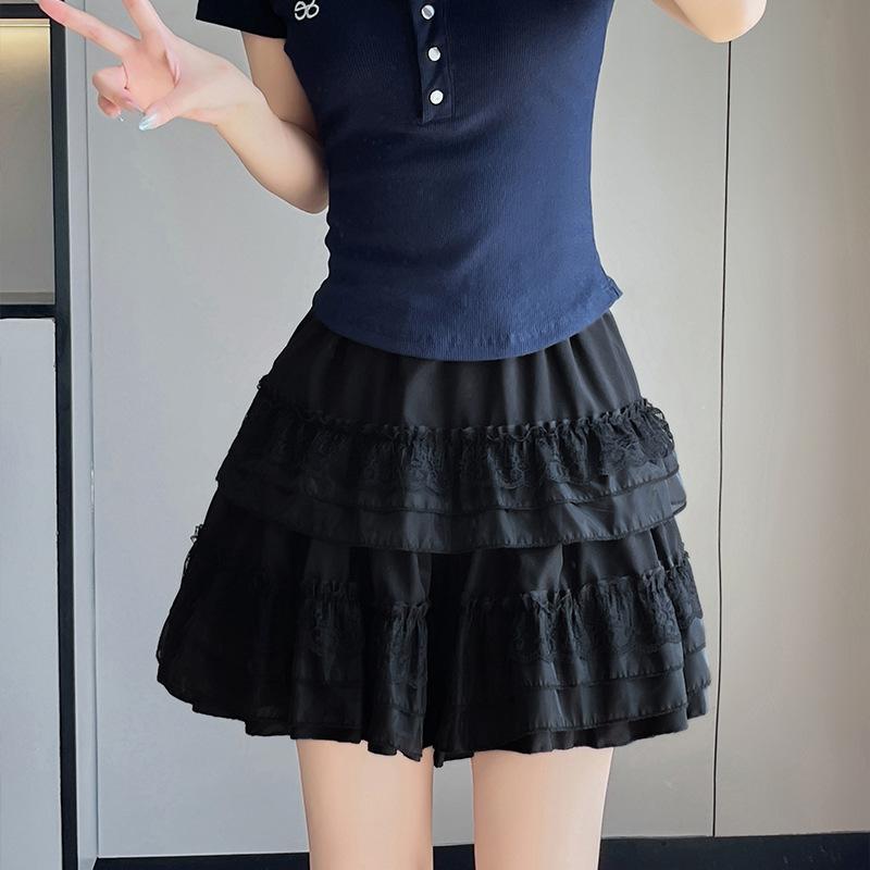 Women High Waist A-line Puffy Tiered Skirt Lace Ruffle Anti-light Princess Mini Skirt Summer 2025