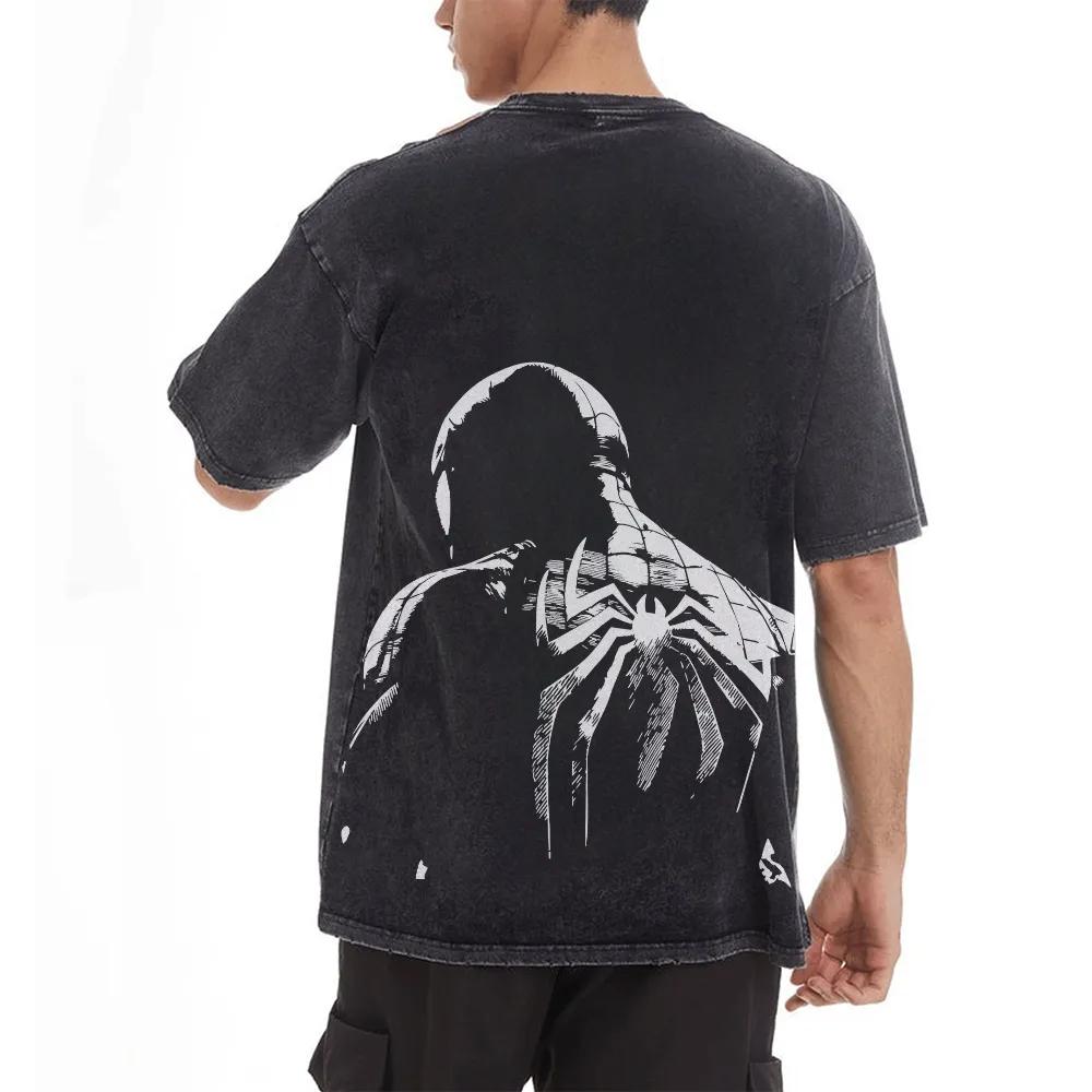 Camiseta Masculina Casual de Verão Manga Curta Retro Lavada Homem-Aranha Marvel Esportiva Popular Top